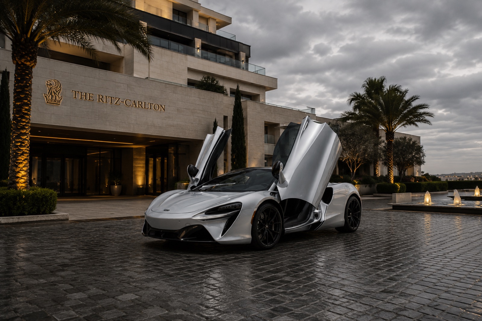 Silver 2024 McLaren Artura Coupe rental Orange County First Class Exotics
