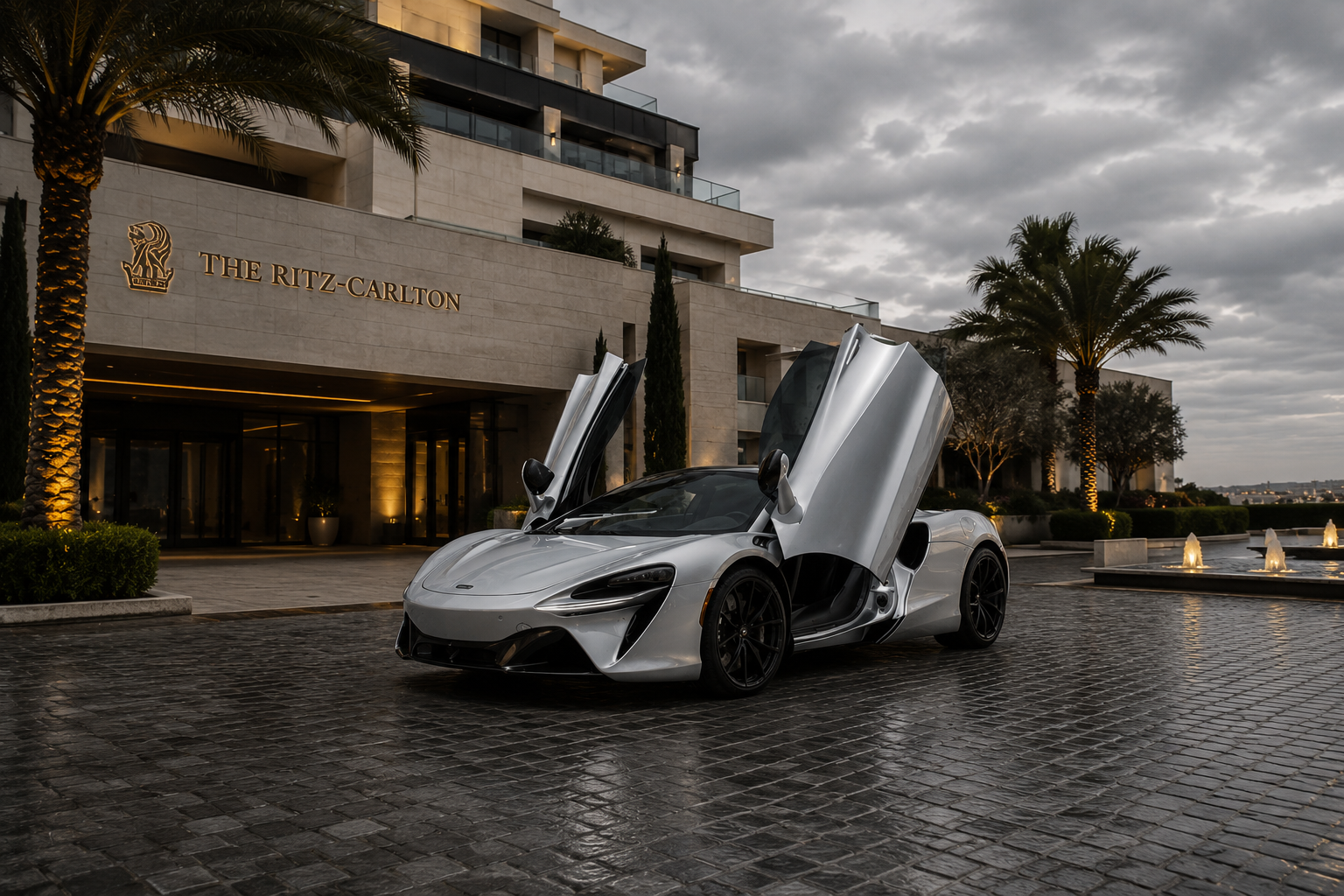 Silver 2024 McLaren Artura Coupe rental Orange County First Class Exotics