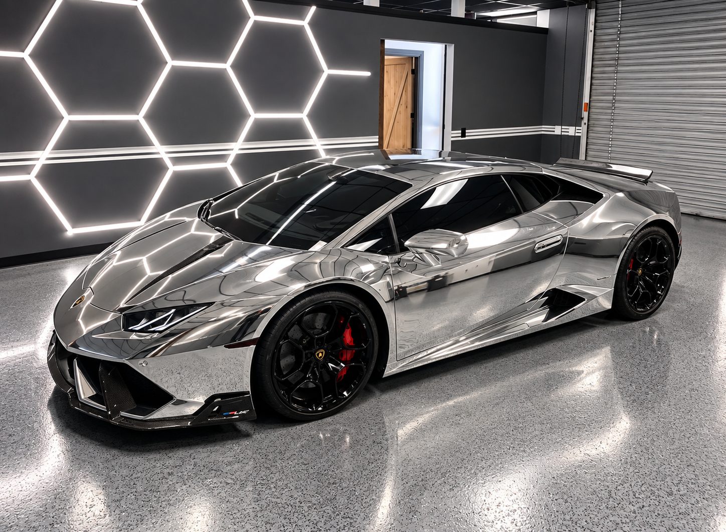 Lamborghini Huracan LP 610-4 after a full chrome vinyl wrap, installed at our Costa Mesa shop
