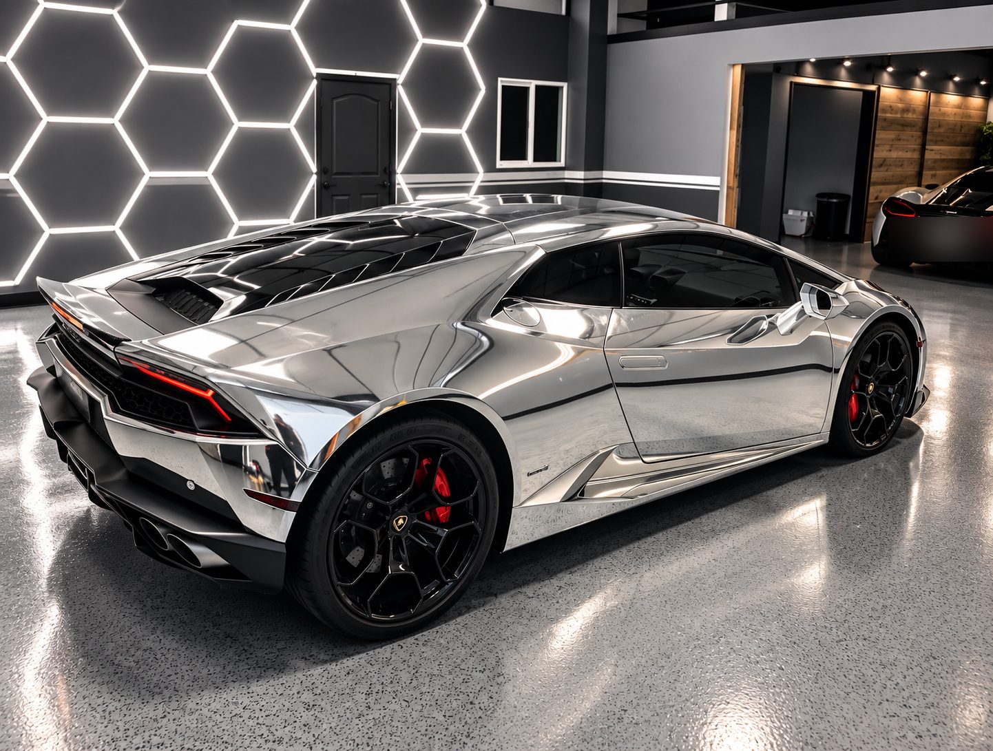 Lamborghini Huracan in full chrome vinyl wrap at our Costa Mesa shop