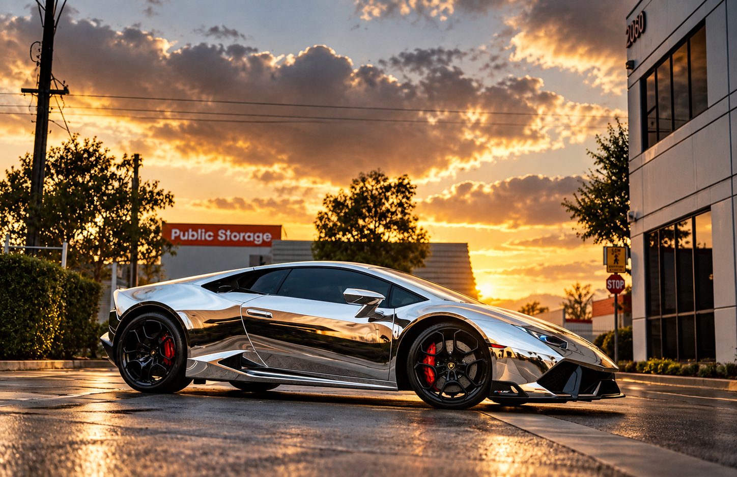 Chrome-wrapped Lamborghini Huracan parked outside our Costa Mesa shop at sunset