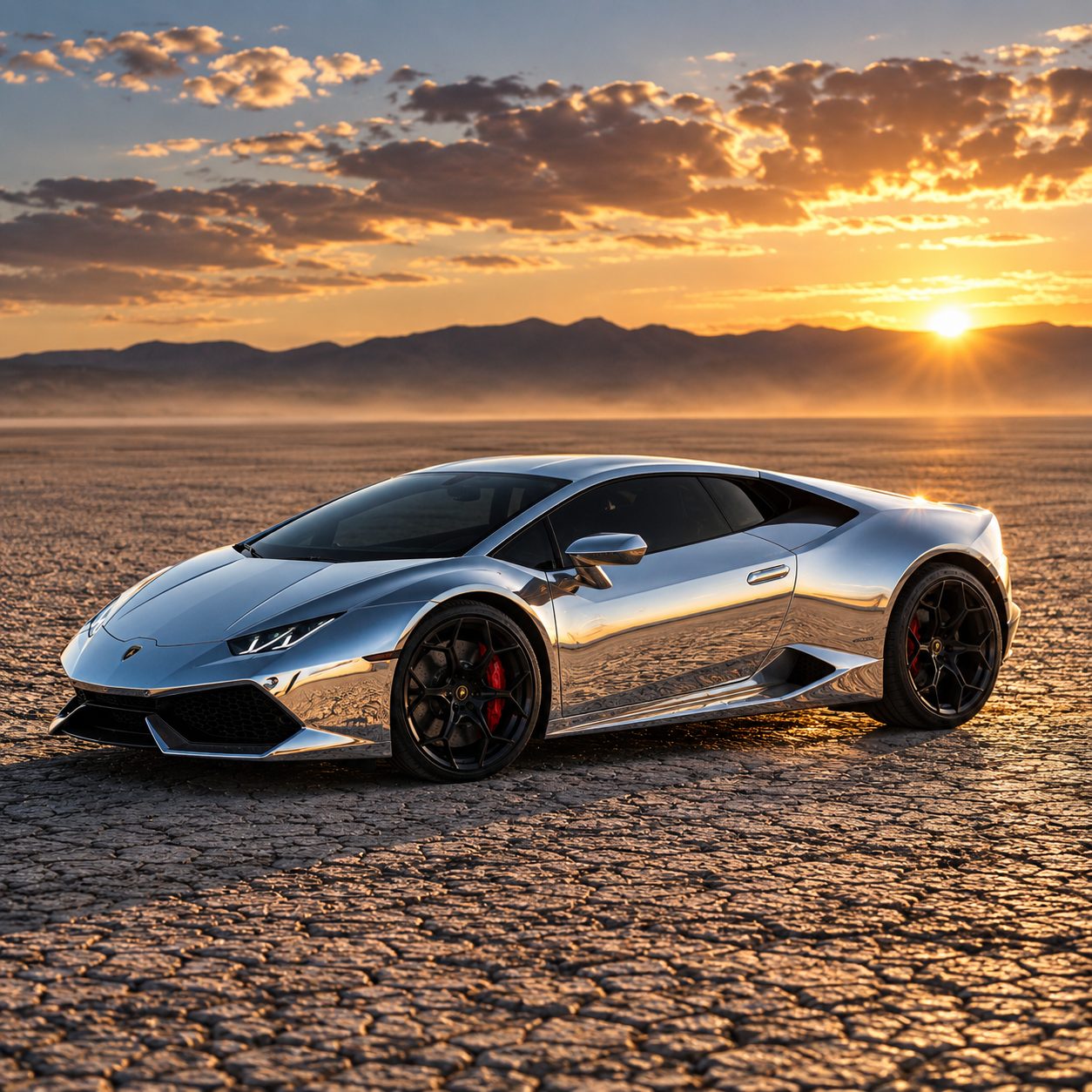 Chrome-wrapped Lamborghini Huracan on a dry lake bed at sunset