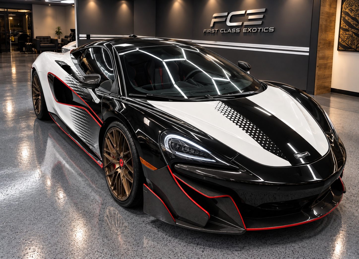 McLaren 570S after custom livery wrap, front three-quarter view in our showroom