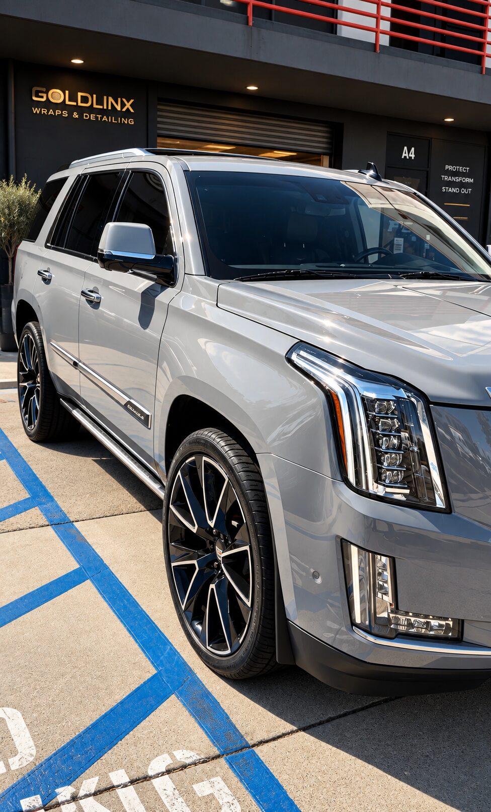 Gloss Nardo Gray 3M vinyl wrap on a Cadillac Escalade — wrapped in Costa Mesa, CA