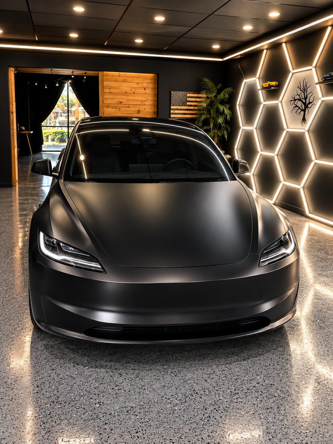 Satin black Tesla Model 3 wrapped and ceramic coated in-house at First Class Exotics, Costa Mesa