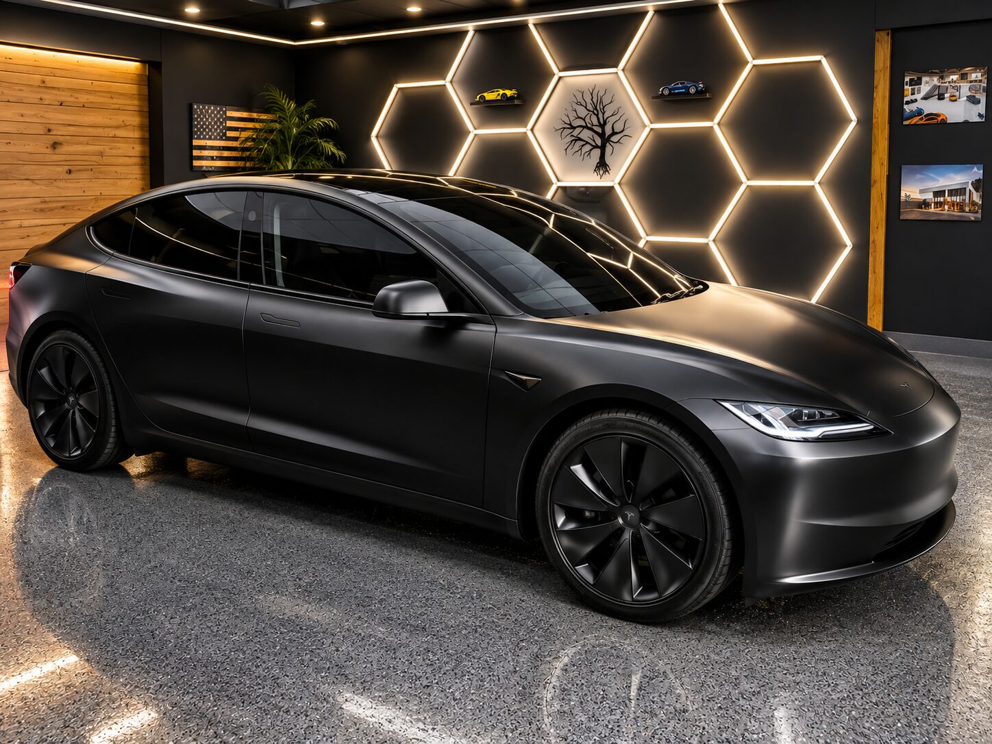 Satin black vinyl wrap on a Tesla Model 3 in our Costa Mesa showroom
